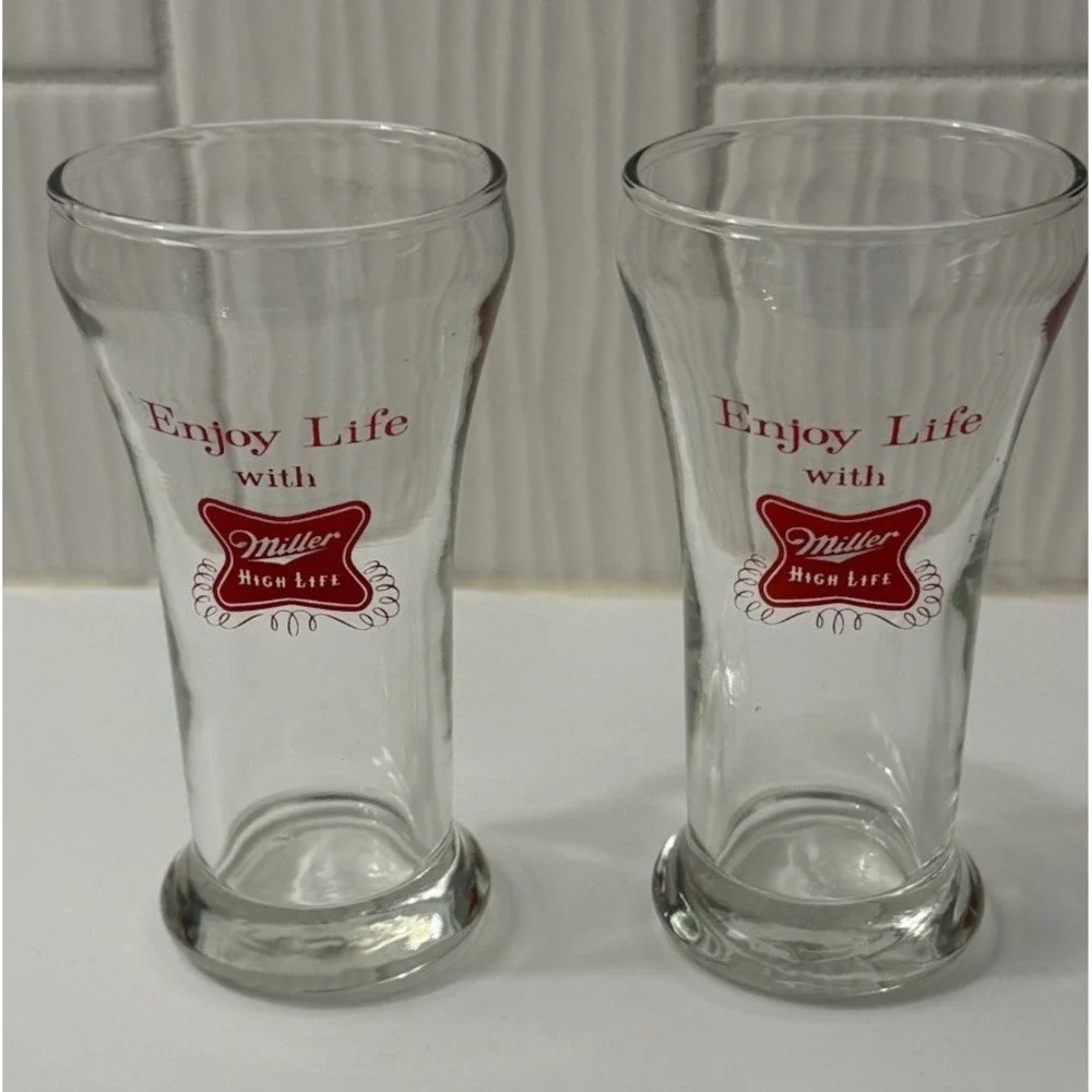 Miller High Life Collectible Beer Glass Red Logo Lot 2 Breweriana Barware MCM